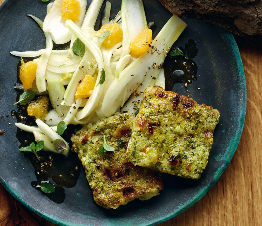 Camembert-Ecken mit Orangen-Fenchelsalat