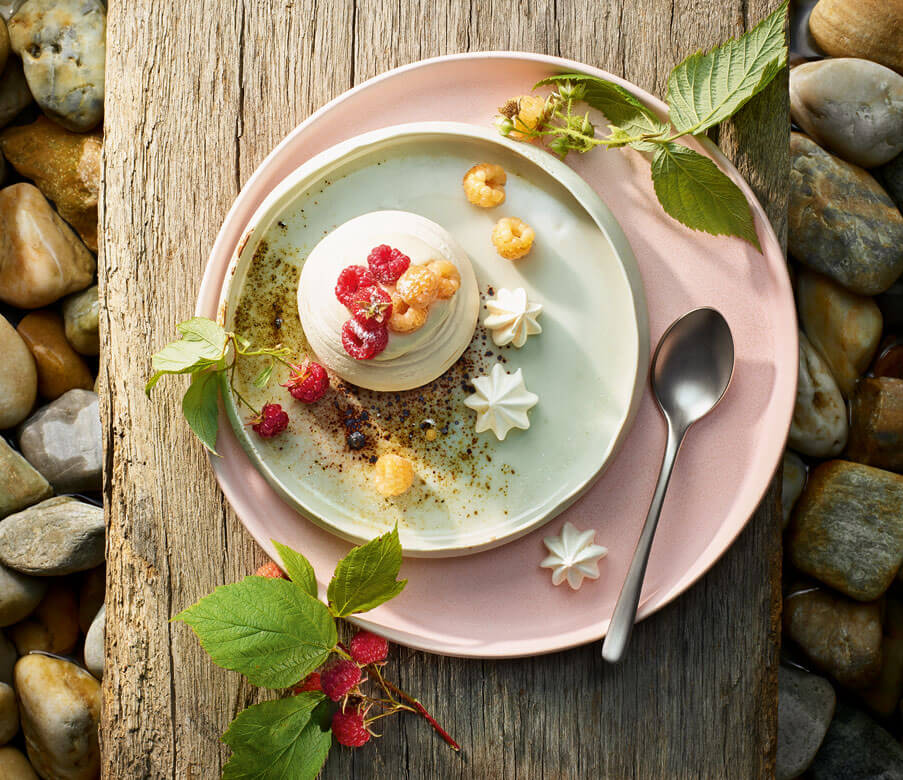 Baiser mit Heumilch- Schlagobers und Himbeeren